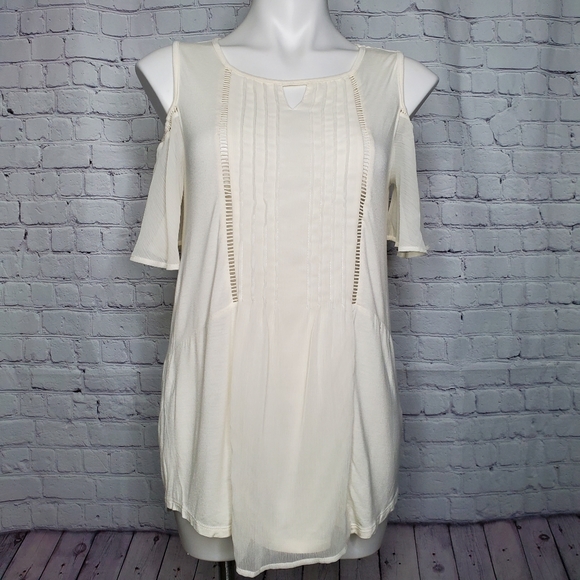 A.Moon Cold Shoulder Sheer Sleeve Cream Top Size S - Picture 1 of 9